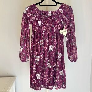 Floral Lace Smocked Long Sleeve Dress with Velvet Choker Plum Burgundy, 14 NWT